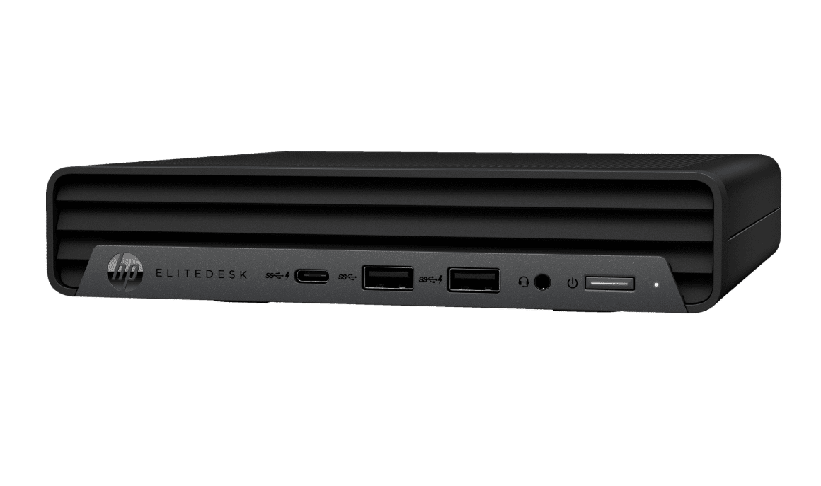 Front view of HP EliteDesk 805 G8 Mini PC showing ports including USB-C, USB-A, audio jack, power button, and card reader slot