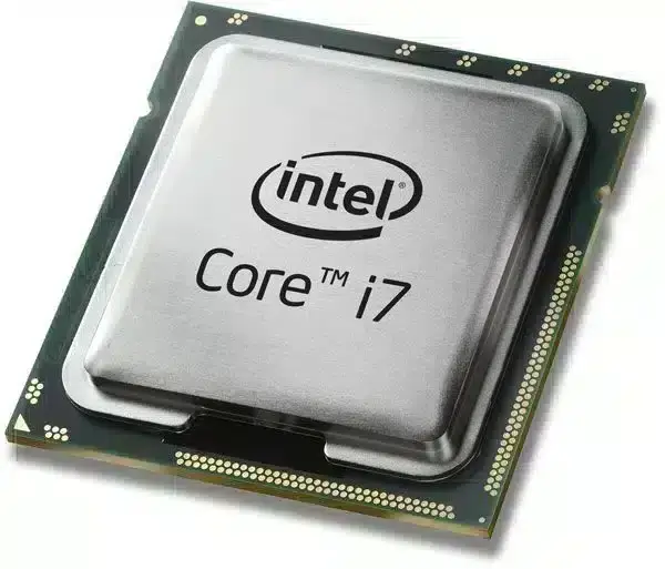 Intel Core i7-5820K processor top view showing silver heat spreader with Intel logo and Core i7 branding mounted on green circuit board base with gold contact pins