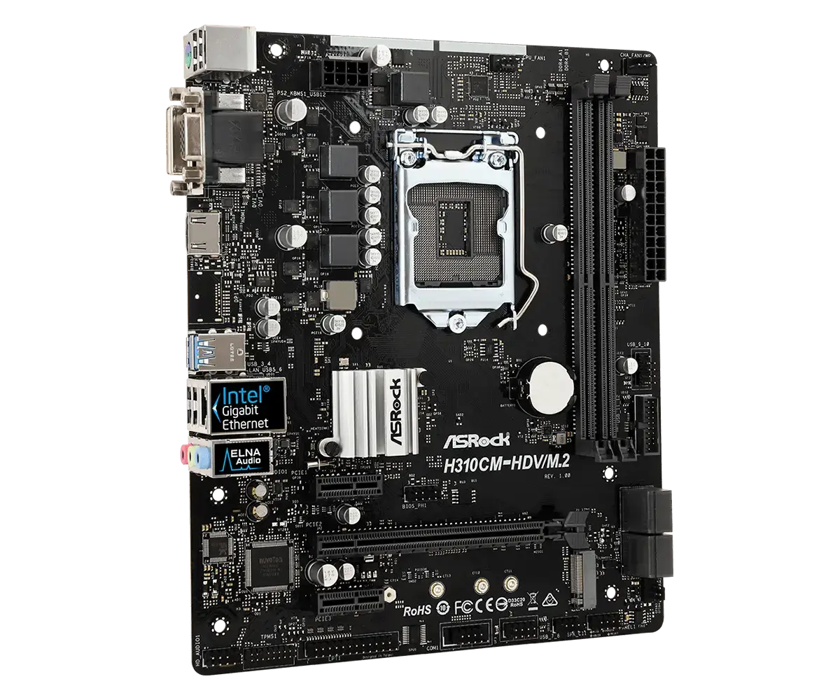 ASRock H310CM-HDV/M.2 socket 1151 moederbord - bovenaanzicht met zichtbare CPU-socket, RAM-slots, chipset en randapparatuuraansluitingen