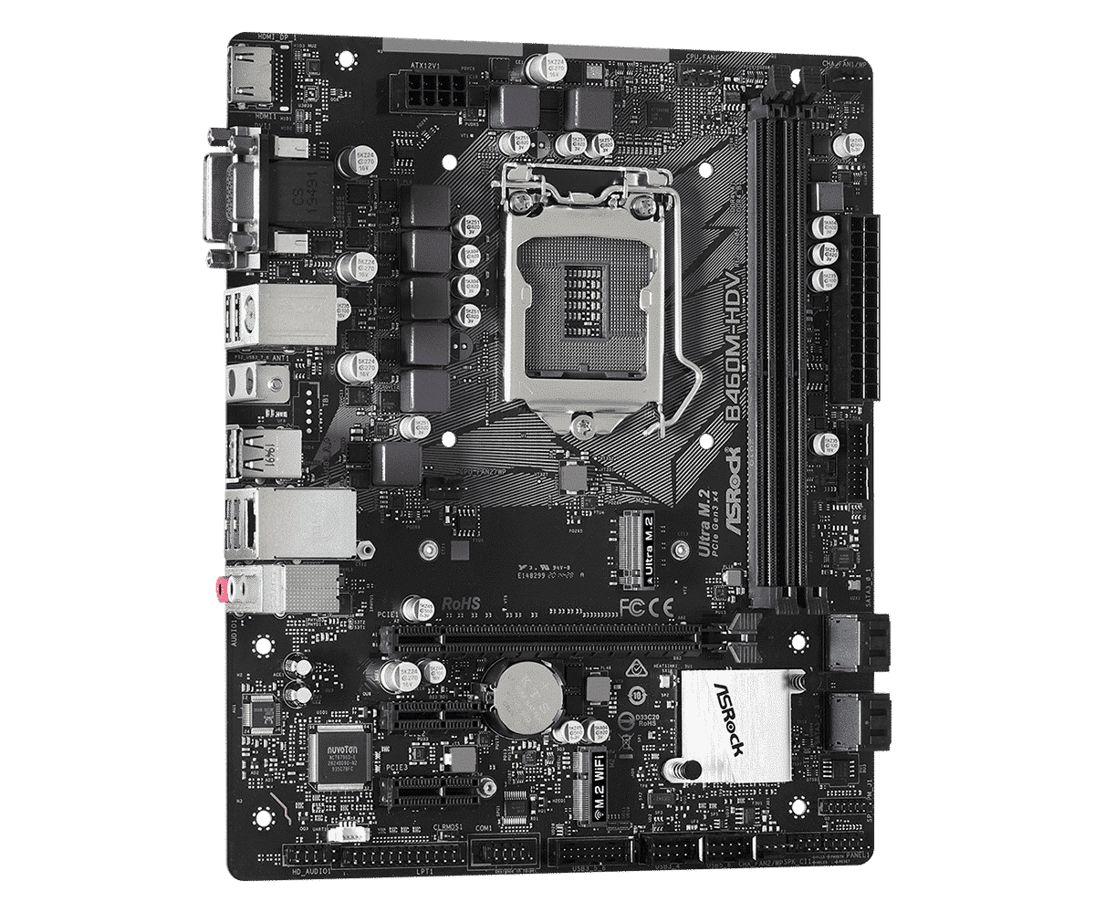 Asrock B460M-HDV LGA1200 motherboard top view showing CPU socket, RAM slots, power delivery components, and I/O connectors