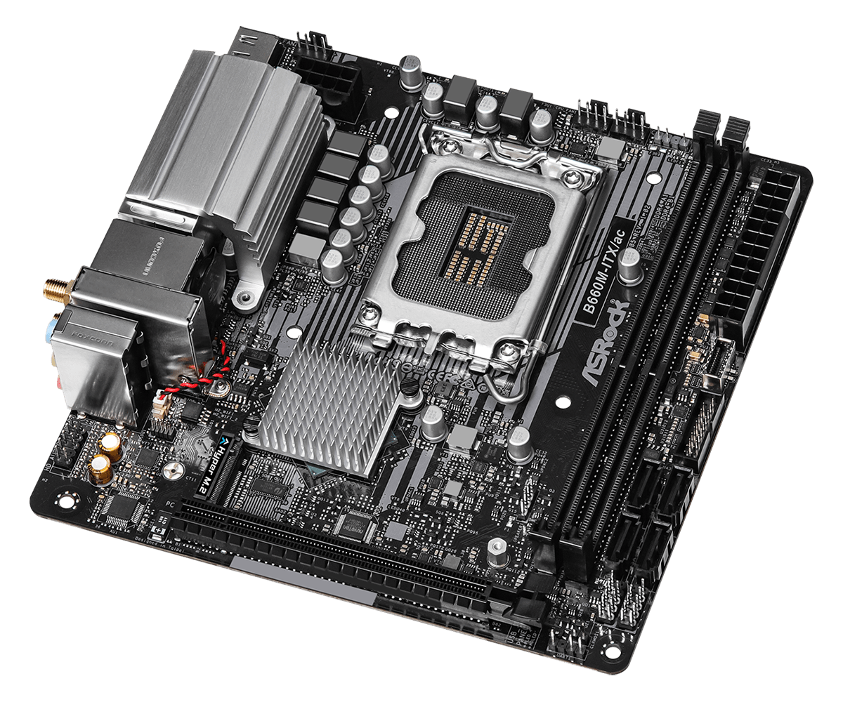 ASRock B660M-ITX/AC Socket 1700 moederbord bovenaanzicht met CPU-socket, RAM-slots, power connectors en geïntegreerde heatsinks