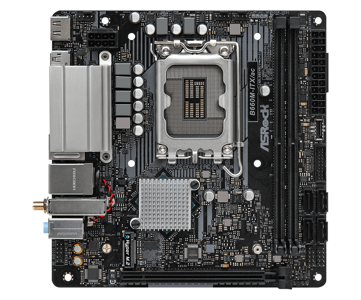 ASRock B660M-ITX/AC Socket 1700 moederbord bovenaanzicht met LGA1700-socket, VRM-fase's, RAM-slots en uitbreidingssleuven
