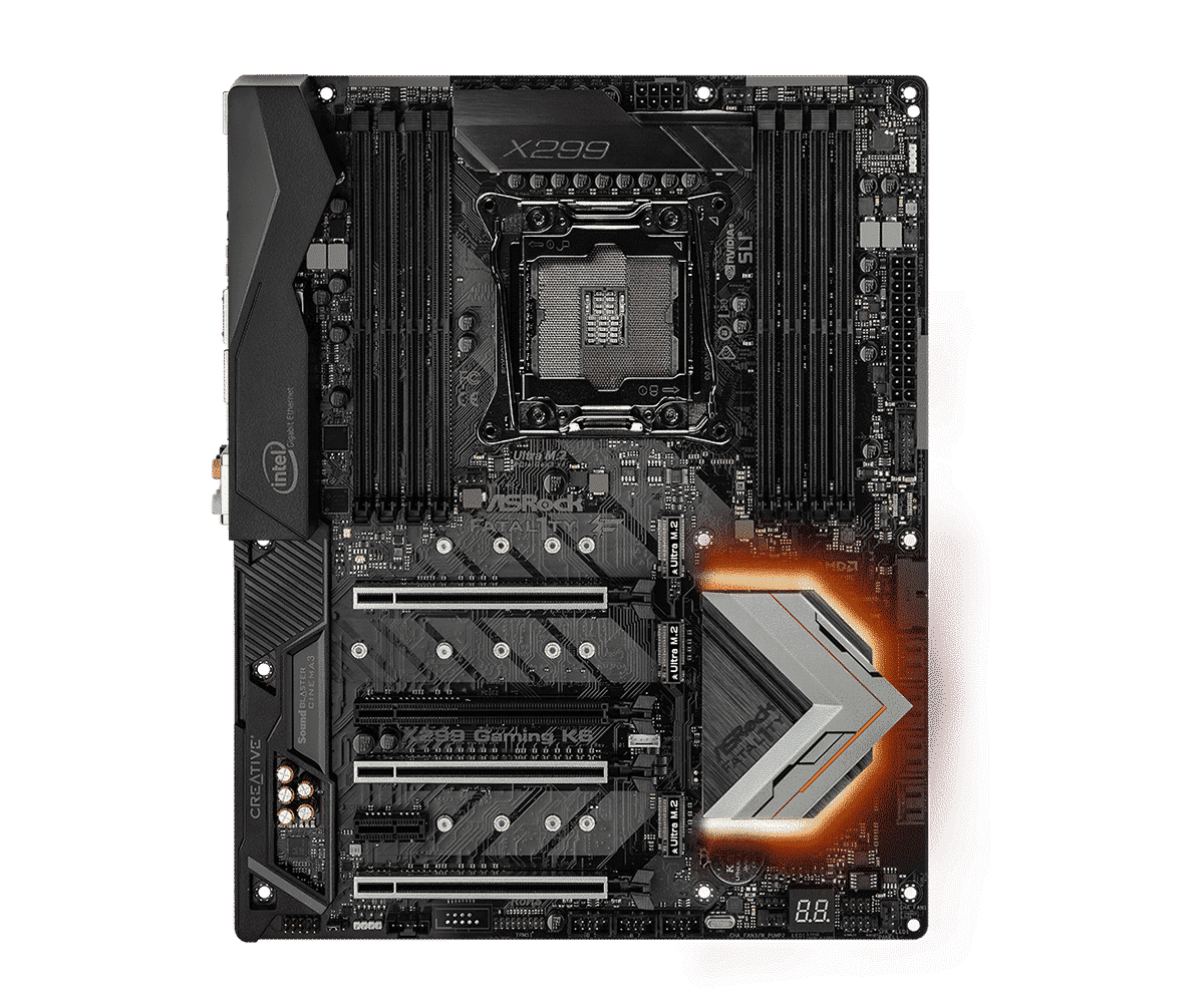 ASRock X299 Gaming K6 motherboard top view showing CPU socket, RAM slots, PCIe expansion slots, and power delivery components with orange accent lighting