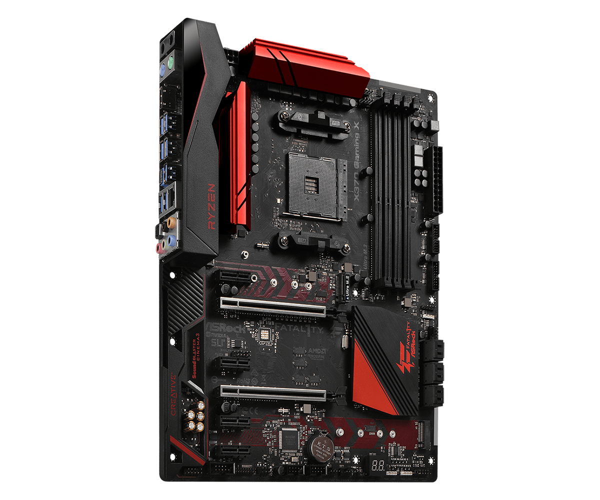 ASRock X370 Gaming X Pro4 AM4 motherboard front view showing black PCB with red heatsinks, CPU socket, RAM slots, and expansion slots