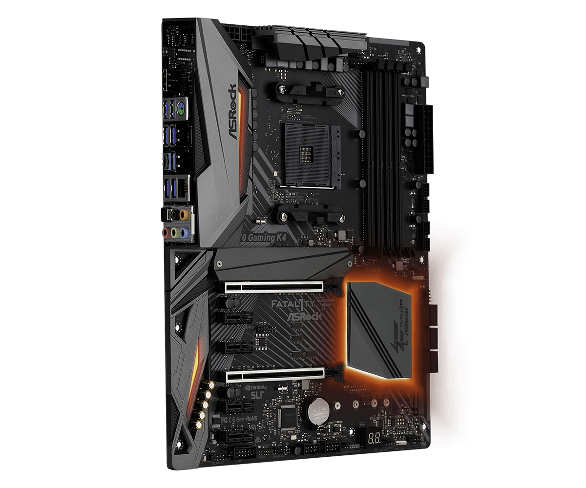ASRock X470 Gaming K4 AM4 motherboard angled front view showing CPU socket, RAM slots, PCIe slots, power connectors, and audio jacks with orange and black color scheme