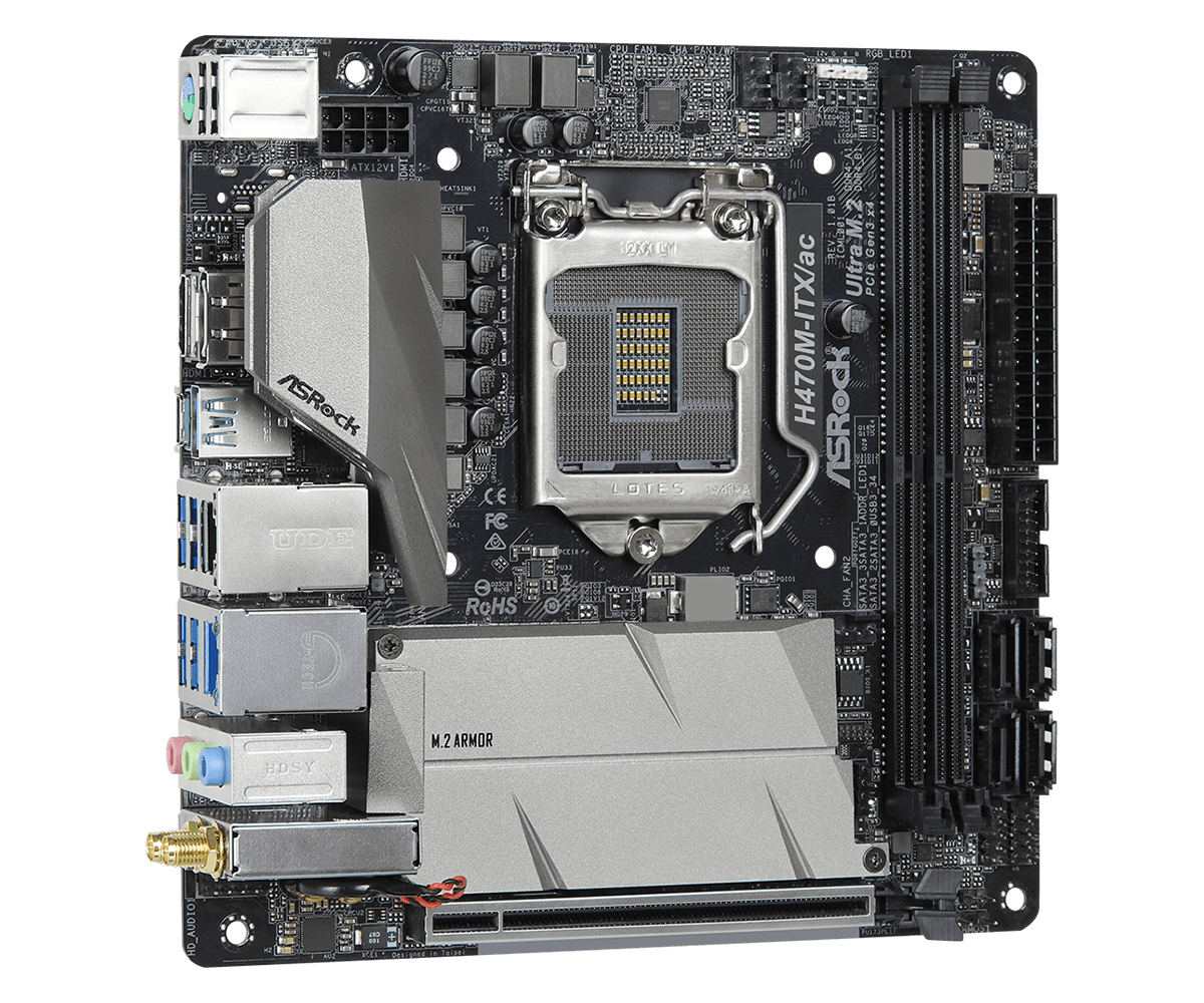 ASRock H470M-ITX/ac Socket 1200 moederbord bovenaanzicht met LGA1200-socket, RAM-slots, M.2 ARMOR-behuizing en aansluitingen
