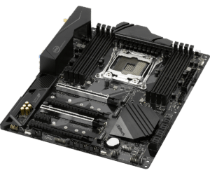 ASRock X299 Killer SLI/AC moederbord bovenaanzicht met CPU-socket, RAM-slots en uitbreidingsslots