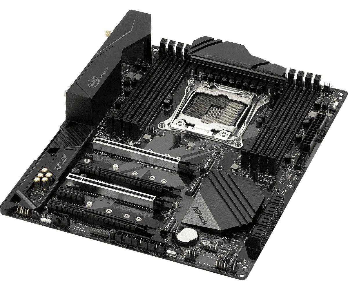 ASRock X299 Killer SLI/AC motherboard top view showing CPU socket, RAM slots, expansion slots, and heatsink components
