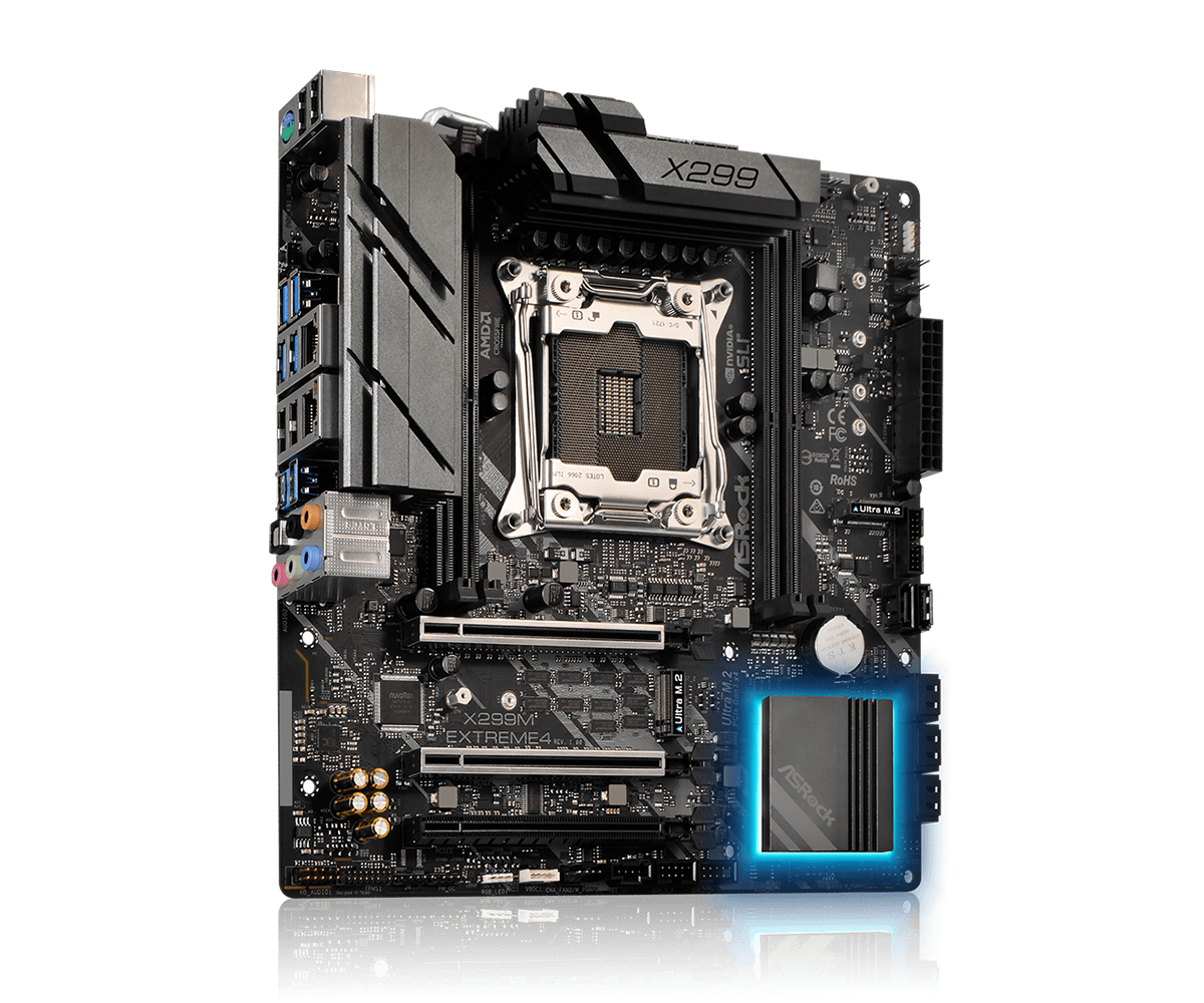 ASRock X299M Extreme4 moederbord vooraanzicht met CPU-socket, RAM-slots, uitbreidingsslots en blauwe heatsink