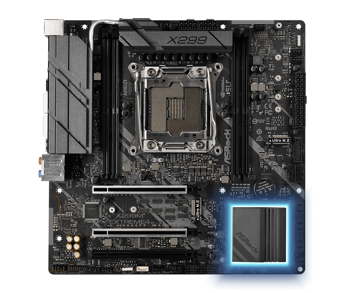 ASRock X299M Extreme4 moederbord bovenaanzicht met CPU-socket, RAM-slots, M.2-slots en blauwe RGB-verlichting