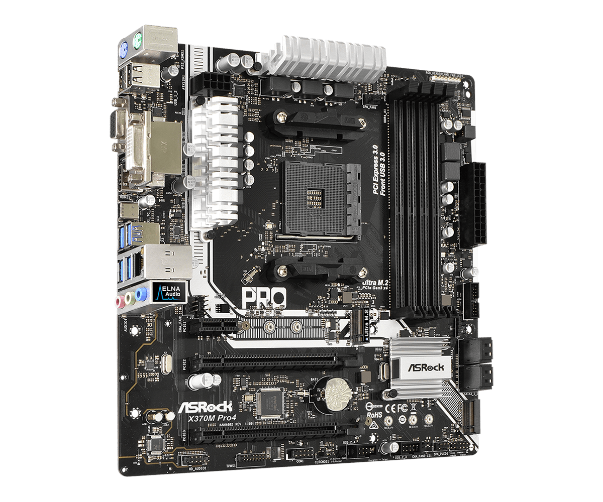 ASRock X370M Pro4 AM4 motherboard top view showing CPU socket, heatsinks, RAM slots, PCIe slots, and integrated I/O ports