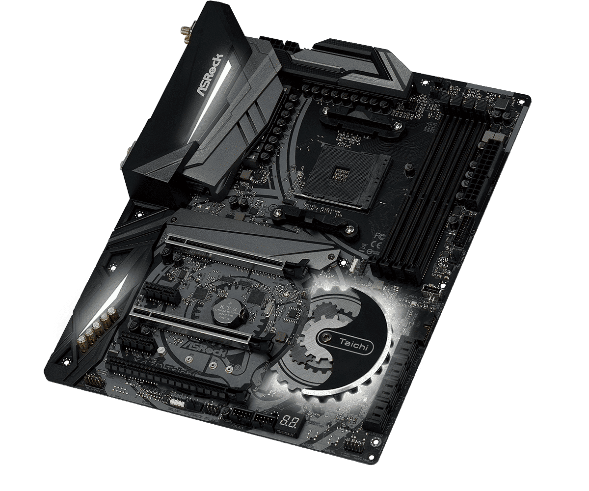 ASRock X470 Taichi AM4 motherboard top-down angled view showing CPU socket, RAM slots, power delivery components, and Taichi logo