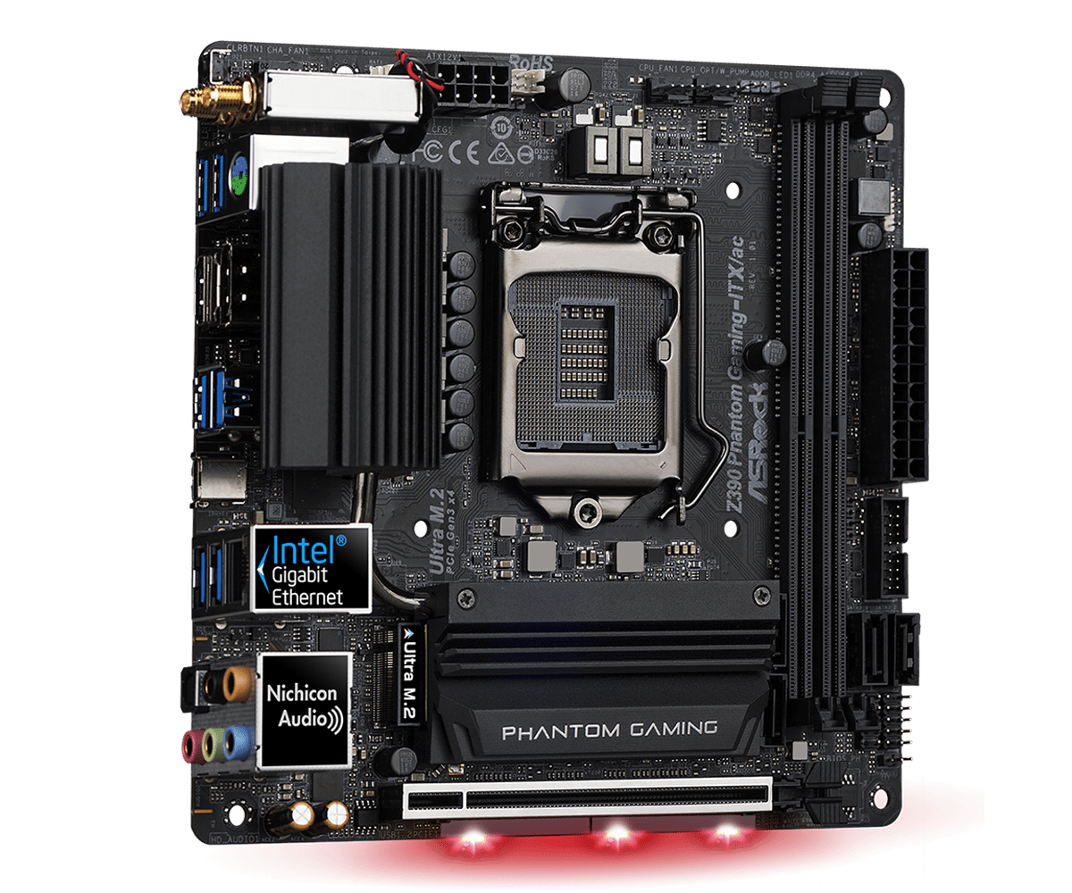 ASRock Z390 Phantom Gaming ITX/ac LGA1151 motherboard top view showing CPU socket, VRM heatsink, memory slots, Intel Gigabit Ethernet, Nichicon Audio branding, and red LED lighting at bottom