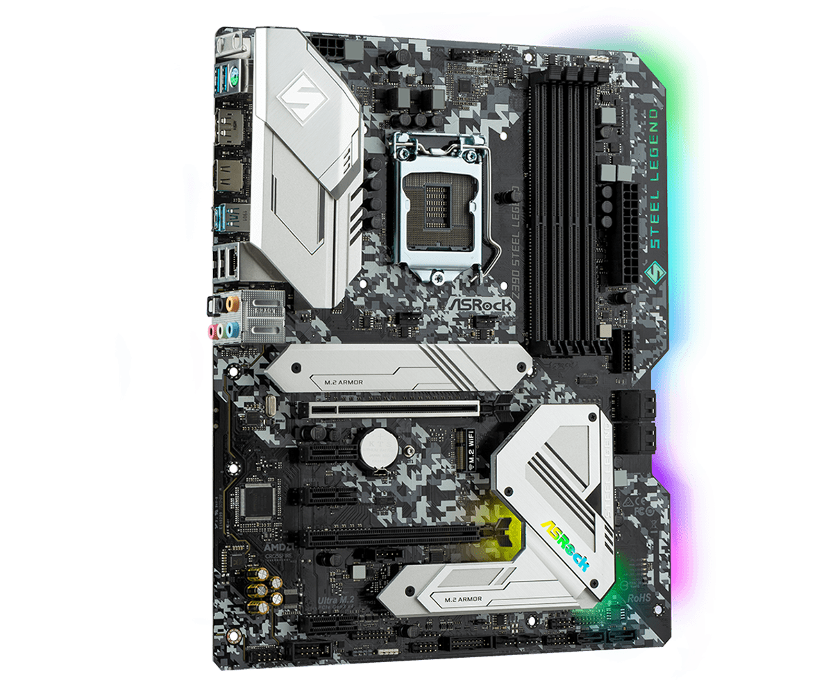 ASRock Z390 Steel Legend LGA1151 Motherboard front view showing CPU socket, RAM slots, M.2 armor slots, and digital power delivery components with gray and black digital camouflage design pattern