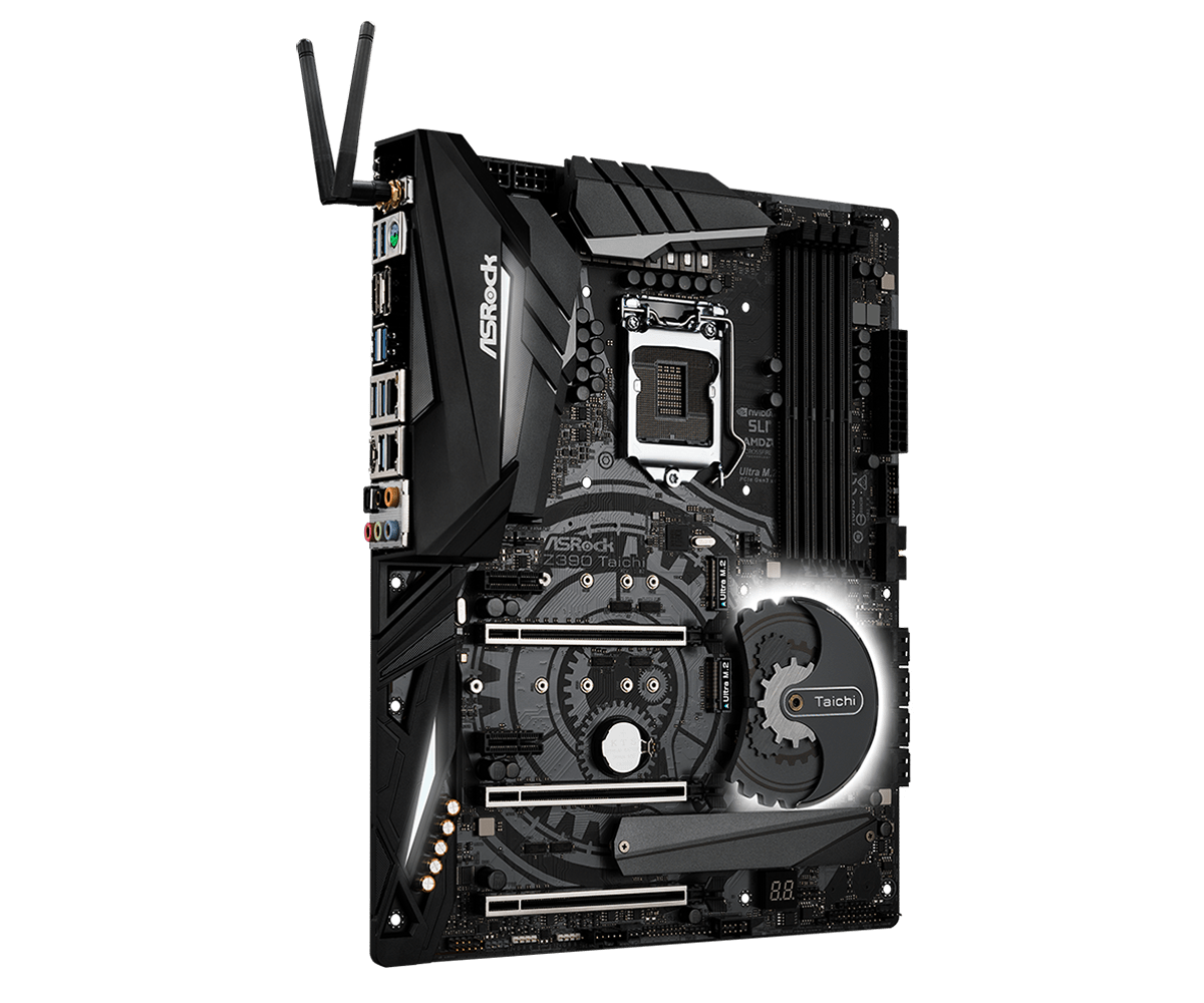 Z390 Taichi LGA motherboard front view showing CPU socket, RAM slots, M.2 slots, power connectors, and dual WiFi antennas