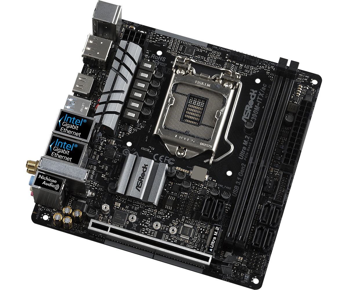 ASRock Z390M-ITX/ac socket 1151 motherboard top view showing CPU socket, VRM heatsinks, dual Intel Gigabit Ethernet ports, and Nichicon audio components