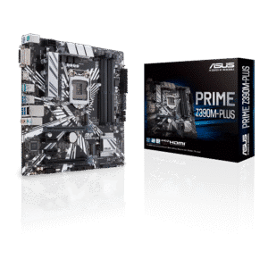 Asus Prime Z390M-Plus LGA1151 motherboard shown from front view alongside its retail packaging box