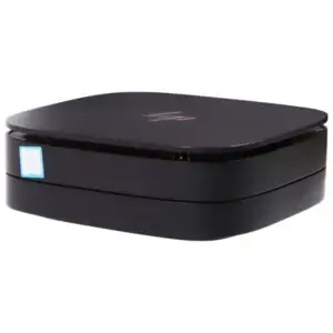 HP Elite Slice G2 compact desktop computer, top view showing black rectangular chassis with curved lid and front indicator light