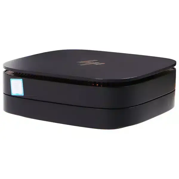 HP Elite Slice G2 MS SRS Audio Ready i5 7500t- Wifi - Windows 11, front angled view showing black compact desktop device with curved top, small blue indicator light on left side, and ventilation grilles on bottom base
