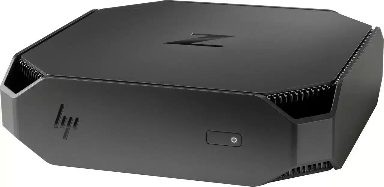 HP Z2 Mini G3 i7 6700 - 16 GB - 256GB - Windows 11, bovenaanzicht met zichtbare ventilatieopeningen en HP-logo