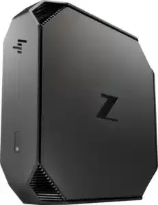 HP Z2 Mini G3 i7 6700 - 16 GB - 256GB - Windows 11, perspectivisch zijde/achterkantaanzicht met zichtbare ventilatieopeningen en Z-logo