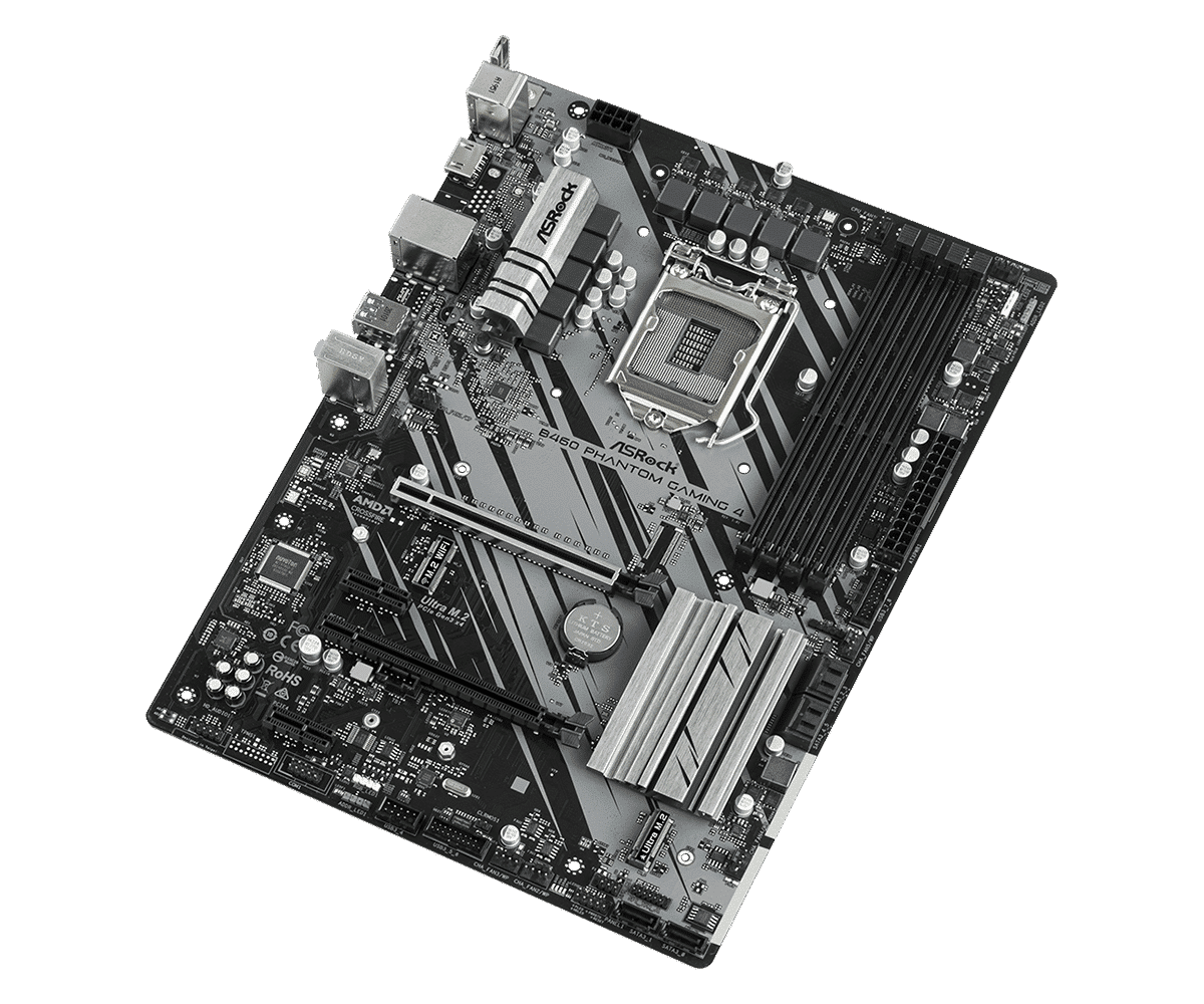 Asrock B460 Phantom Gaming 4 socket 1200 moederbord bovenaanzicht met CPU-socket, VRM-componenten en uitbreidingsslots zichtbaar