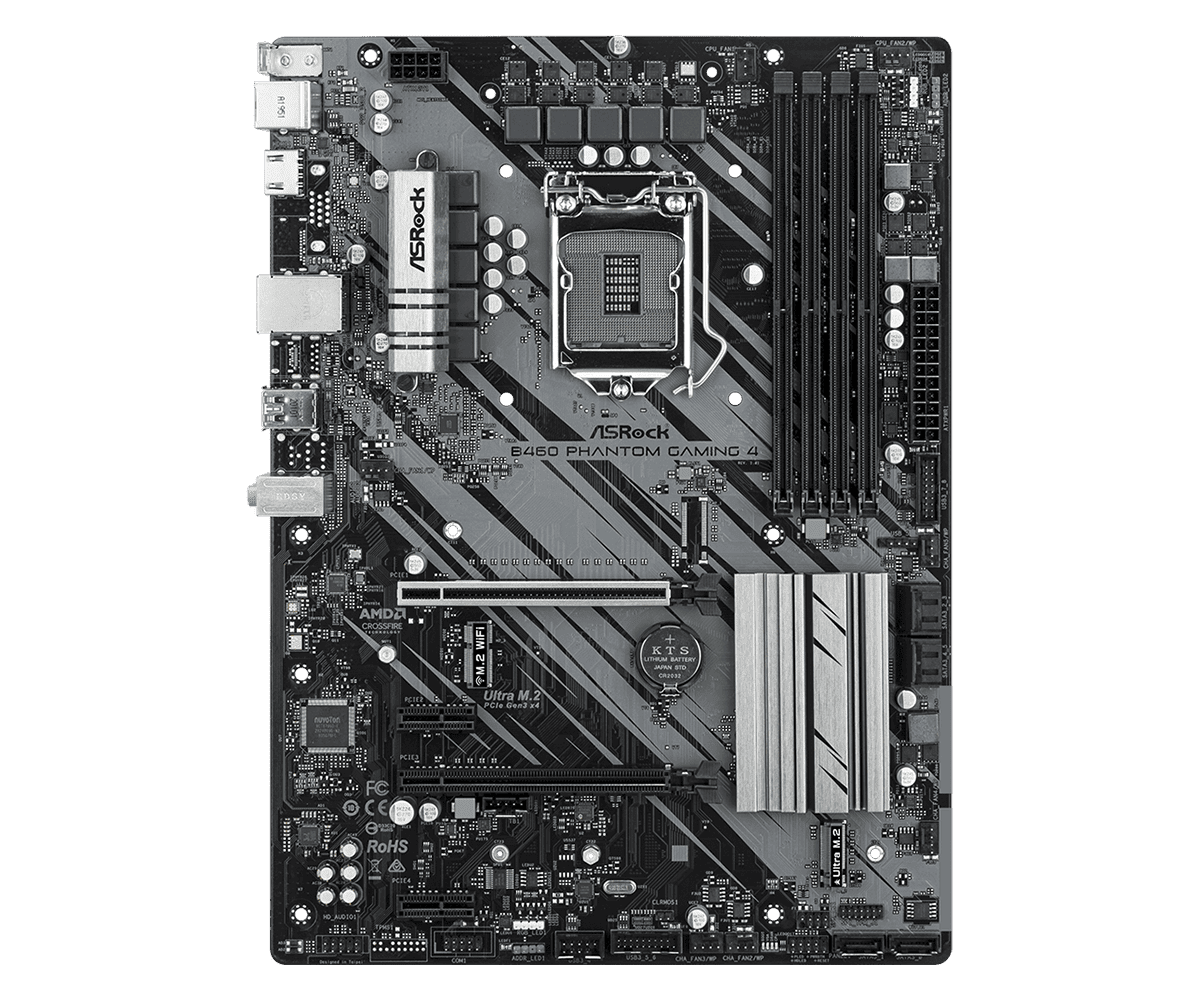 Asrock B460 Phantom Gaming 4 socket 1200 - bovenaanzicht motherboard met LGA1200 CPU-socket, RAM-slots, PCIe-slots en uitgebreide voedingscomponenten