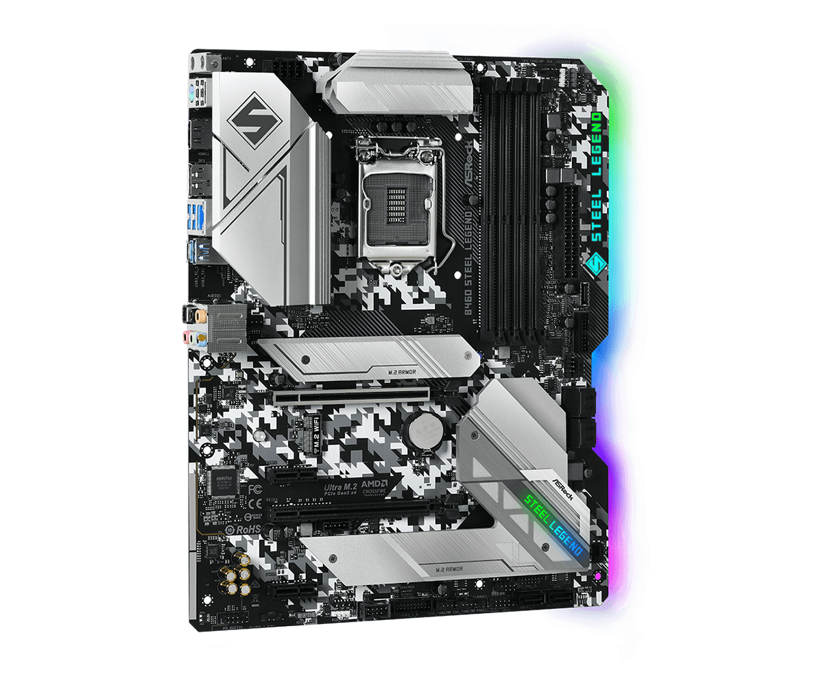 Asrock B460 Steel Legend socket 1200 - bovenaanzicht met zwart-wit camouflage design, CPU-socket, RAM-slots, M.2-slots en RGB-verlichting aan de randen