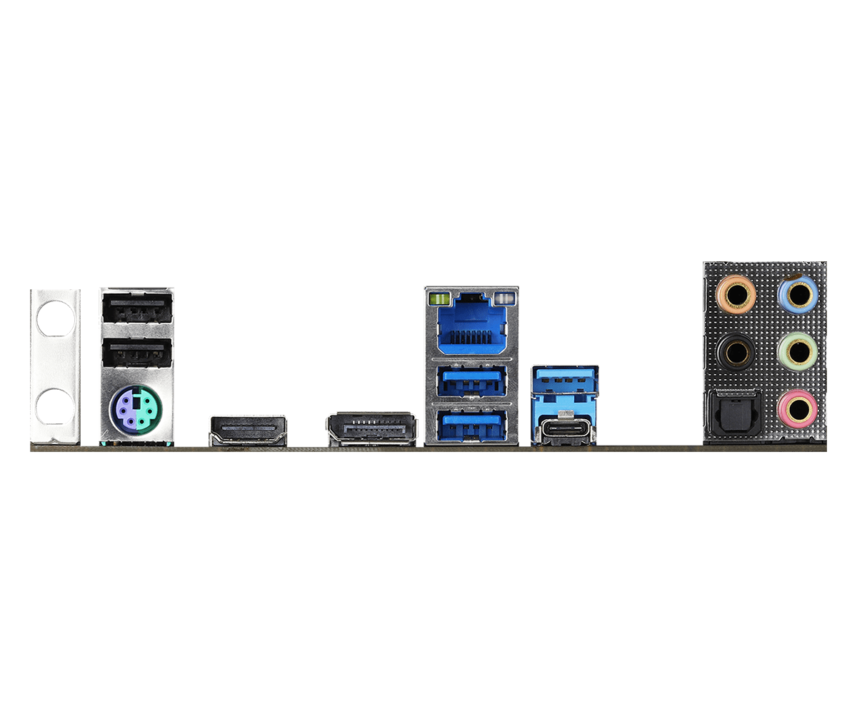 Asrock B460 Steel Legend socket 1200 - achterkant I/O-paneel met USB-poorten, netwerkpoorten, audio-aansluitingen en RGB-headers