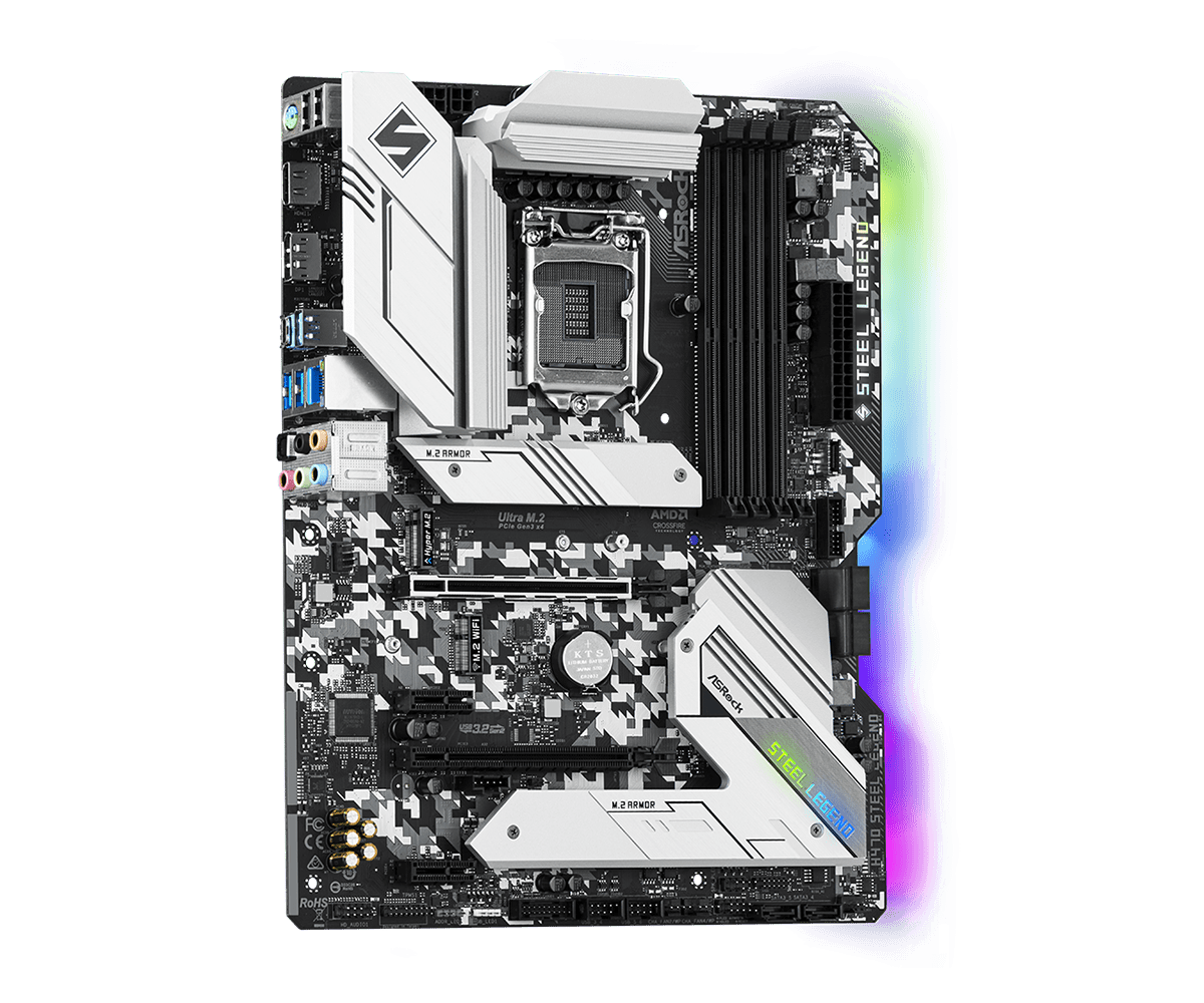 ASRock H470 Steel Legend LGA1200 moederbord bovenaanzicht met zwart-wit design, CPU-socket, RAM-slots, M.2-slots, voeding- en audio-aansluitingen zichtbaar