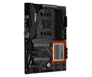 ASRock X470 Master SLI AM4 moederbord - bovenaanzicht met zwarte PCB, oranje heatsink, RAM-slots en chipset zichtbaar