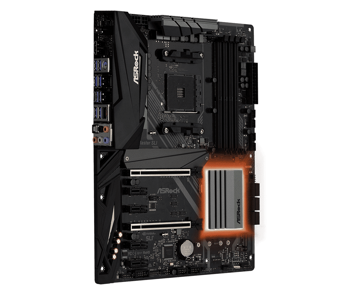 ASRock X470 Master SLI AM4 motherboard front view showing CPU socket, RAM slots, PCIe slots, and power delivery components with orange accent lighting
