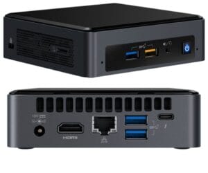 Intel NUC Kit NUC8i3BEK - i3 8109U Barebone, voor- en achterzijde met aansluitingen (HDMI, USB 3.0, USB-C, stroomknop en netwerk)