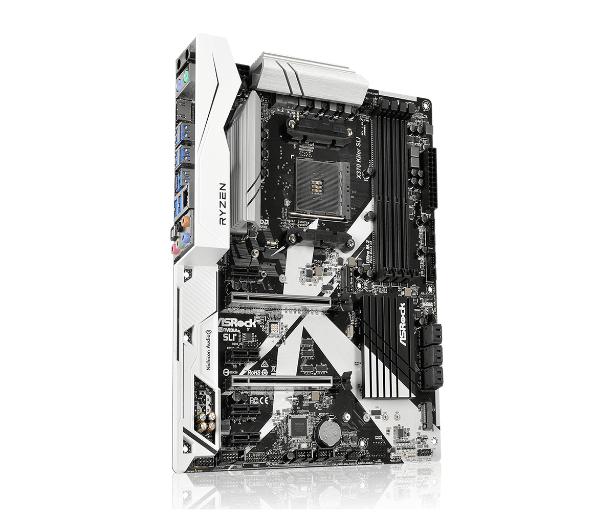 ASRock X370 Killer SLI AM4 motherboard front view showing black and white PCB with CPU socket, RAM slots, power connectors, and cooling heatsinks