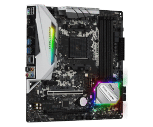 Asrock B450M Steel Legend AM4 Micro-ATX Motherboard angled front view showing black PCB with white and gray heatsinks, RGB lighting accents, and component layout