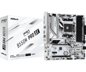 ASRock B550M Pro SE AM4 motherboard shown with product packaging box displaying the board's specifications and features