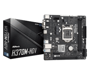 ASRock H370M-HDV Socket 1151 motherboard shown with product box and front/back views of the PCB