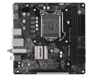Asrock H410M-ITX/AC Socket 1200 moederbord bovenaanzicht met CPU-socket, RAM-slots, voedingsconnectoren en uitbreidingsslots zichtbaar
