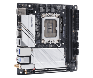 ASRock H670M-ITX/AX Socket 1700 moederbord bovenaanzicht, met CPU-socket, RAM-slots, uitbreidingssloten en randconnectoren zichtbaar op een zwart en wit PCB