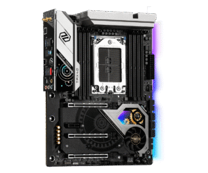 ASRock TRX40 Taichi motherboard front view showing black PCB with white and silver heatsinks, TRX40 socket, multiple RAM slots, PCIe slots, and RGB lighting elements in purple and blue