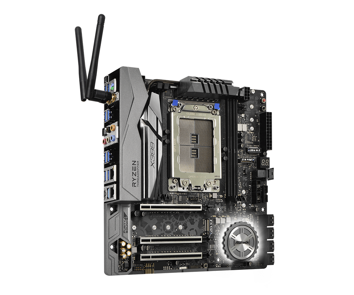 ASRock X399M Taichi TR4 motherboard top-down view showing TR4 socket, VRM heatsinks, M.2 slots, PCIe slots, and two external antennas