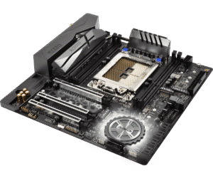ASRock X399M Taichi moederbord bovenaanzicht met CPU-socket, RAM-slots, PCI-Express-slots en aansluitingen