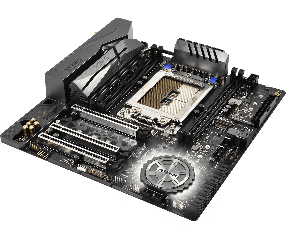 ASRock X399M Taichi TR4 motherboard top-down view showing TR4 socket, PCIe slots, RAM slots, and power delivery components