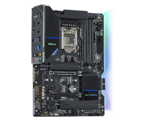ASRock Z590 Extreme - Socket 1200 moederbord met zichtbare componenten, PCI-slots en voeding aanzicht
