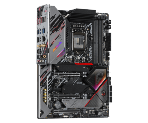 ASRock Z590 PG Velocita - Socket 1200 moederbord vooraanzicht met zwart PCB, rode en grijze accenten, uitgebreide VRM-secties en voeding aansluitingen zichtbaar