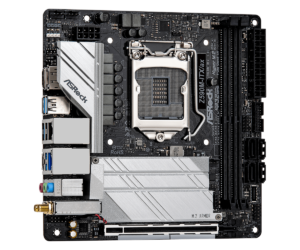 ASRock Z590M-ITX/ax Socket 1200 moederbord bovenaanzicht met CPU-socket, RAM-slots, uitbreidingsslots en voedingsconnectoren