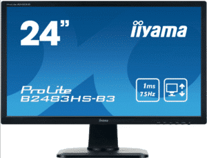 Ilyame Prolite B24843HS-B3 24 Inch Monitor front view displaying blue interface with product specifications showing 1ms response time and connectivity ports