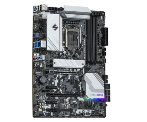 Asrock H570 Steel Legend socket 1200 moederbord bovenaanzicht met CPU-socket, RAM-slots, uitbreidingsslots en voedingsconnectoren zichtbaar