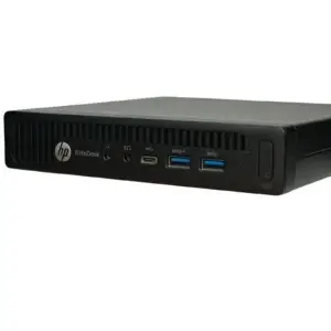 HP EliteDesk 800 G2 35W Mini PC front view showing ports including USB and audio connections with HP logo