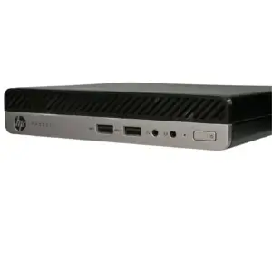 HP ProDesk 400 G5 Mini PC i3 9100T - 8GB - 128GB NVME - Windows 11, voorkant met USB-poorten en audioansluitingen